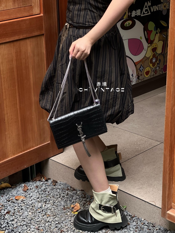 99新 YSL/圣罗兰 4239 黑银鳄鱼压纹kate链条单肩包
