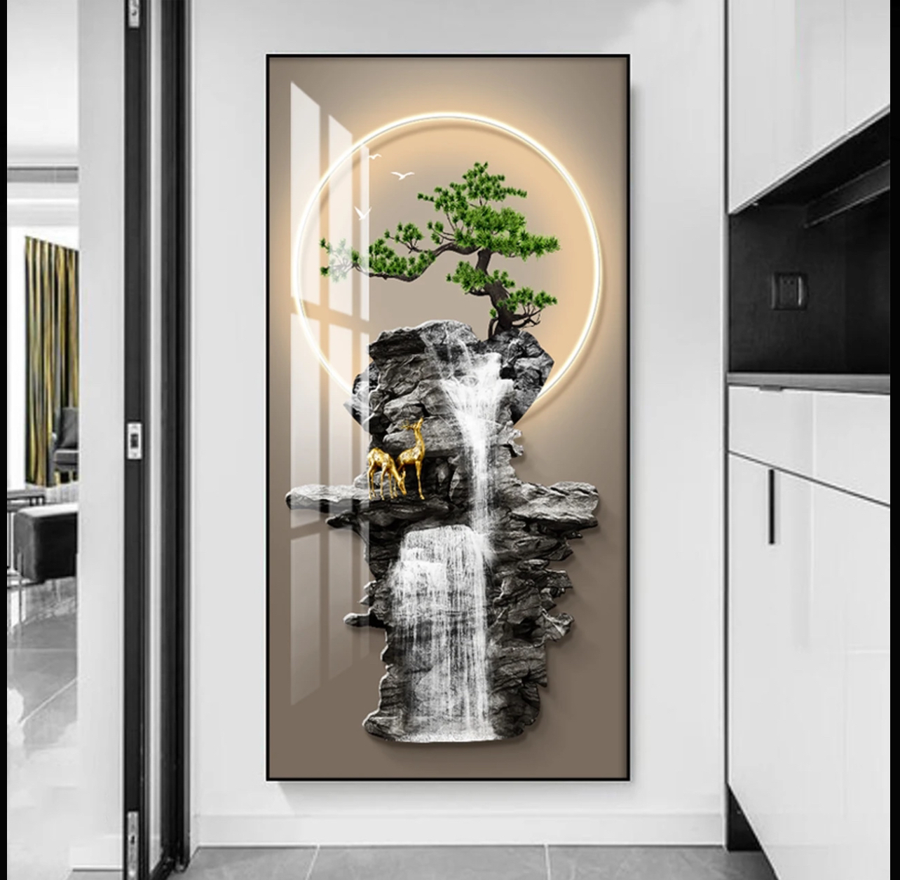 流水生财迎客松晶瓷镶钻玄关装饰画入户走廊过道竖版挂画高级感