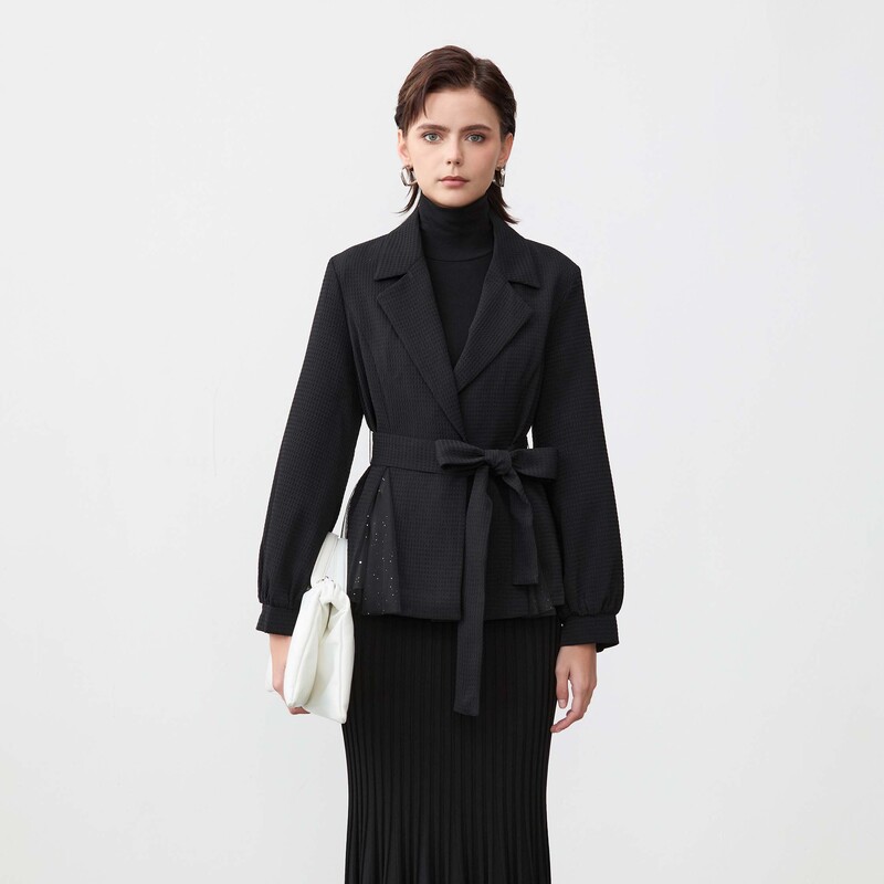 sdeer圣迪奥女装时尚气质复古西装领收腰灯笼袖网纱外套S24182213