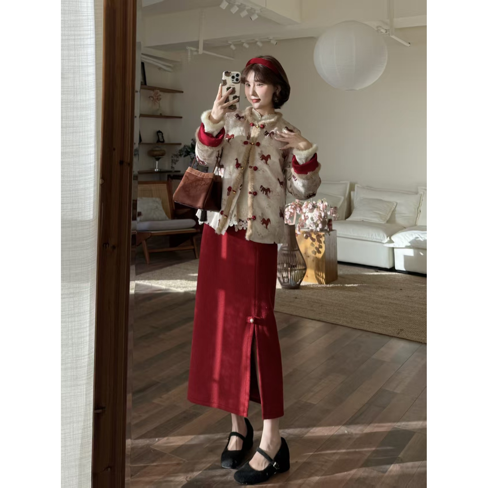 蕾英俊-红红火火-新中式呢子显瘦珍珠盘扣半裙-JFD7008