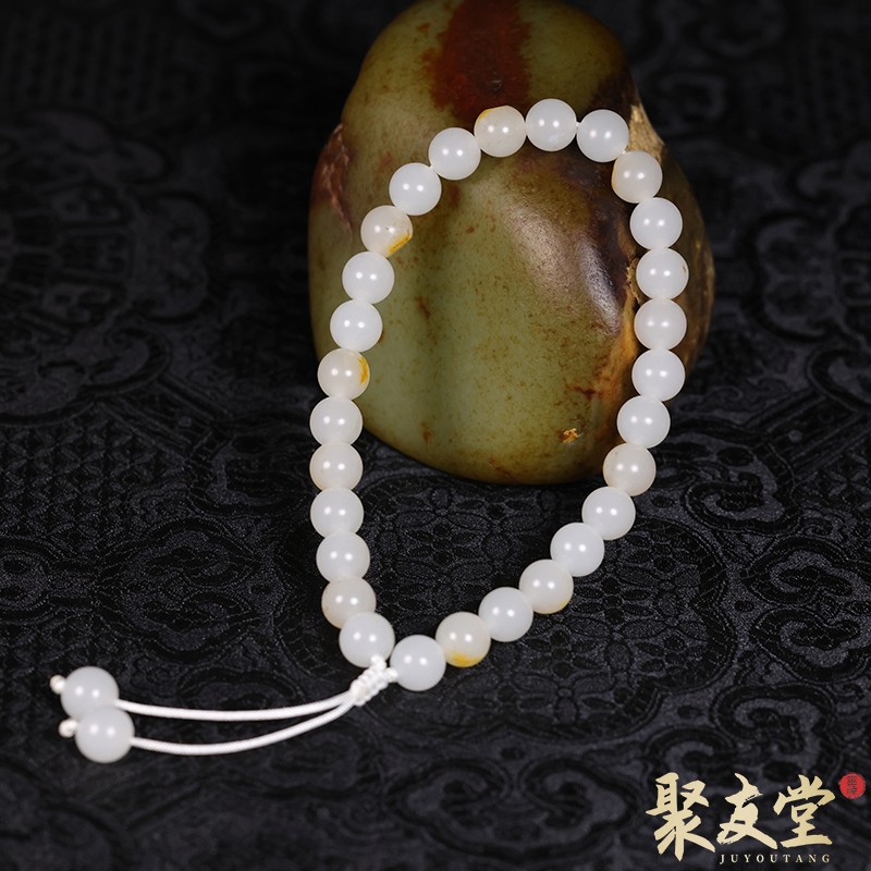 W104聚友堂王伟玉雕8mm新疆和田玉籽料白玉圆珠手持洒金皮手链733