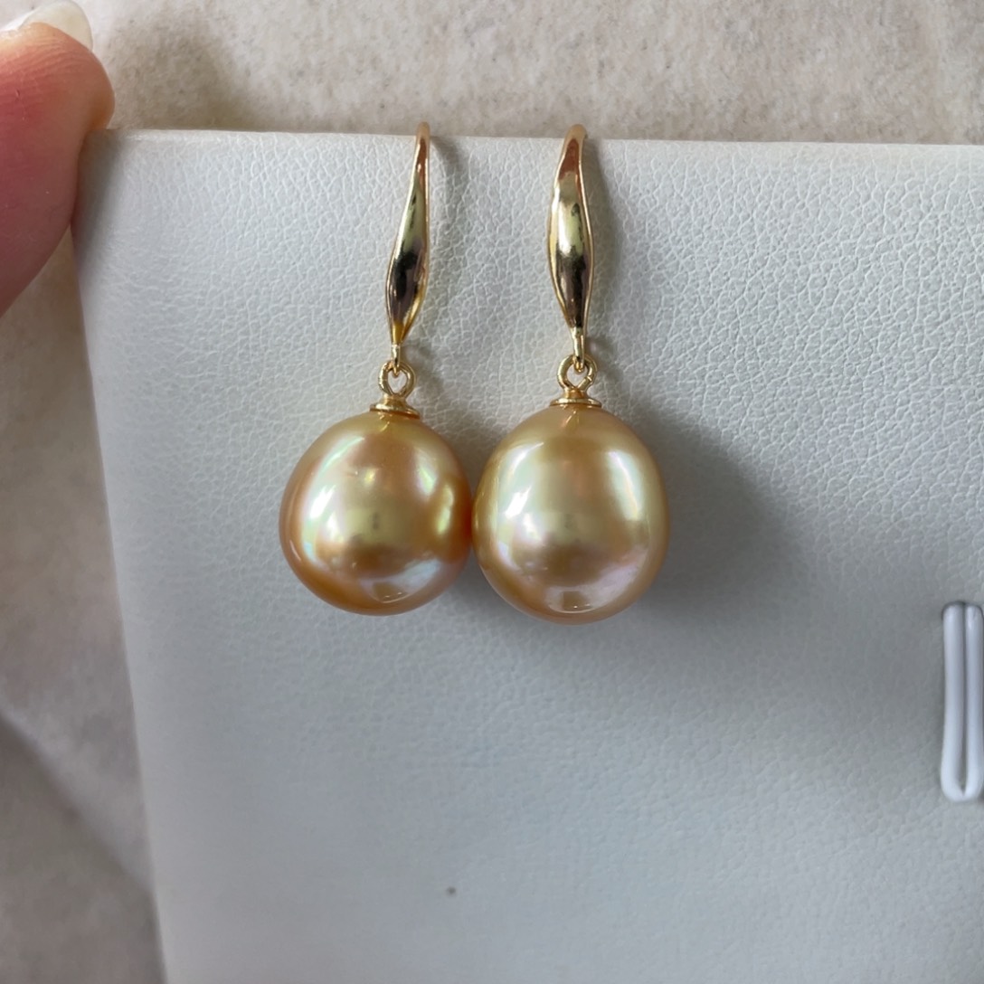 银S925镶嵌耳饰海水珍珠南洋金珠11-12m m