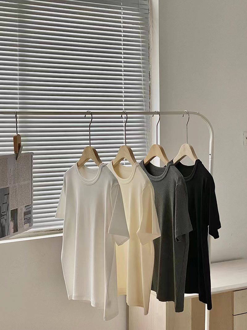 春季磨毛韩系正肩纯色T恤