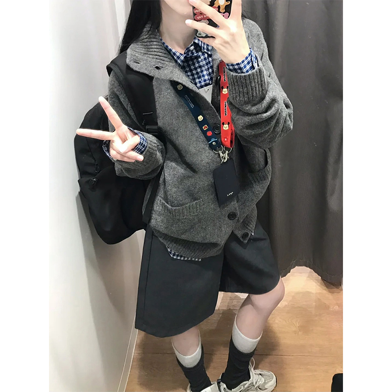 舒芙蕾秋冬针织开衫长袖立领宽松外套毛衣