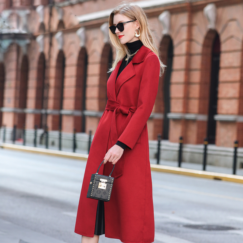 新年战袍酒红 水波纹双面纯羊毛大衣 敬酒结婚喜庆外套加长大衣