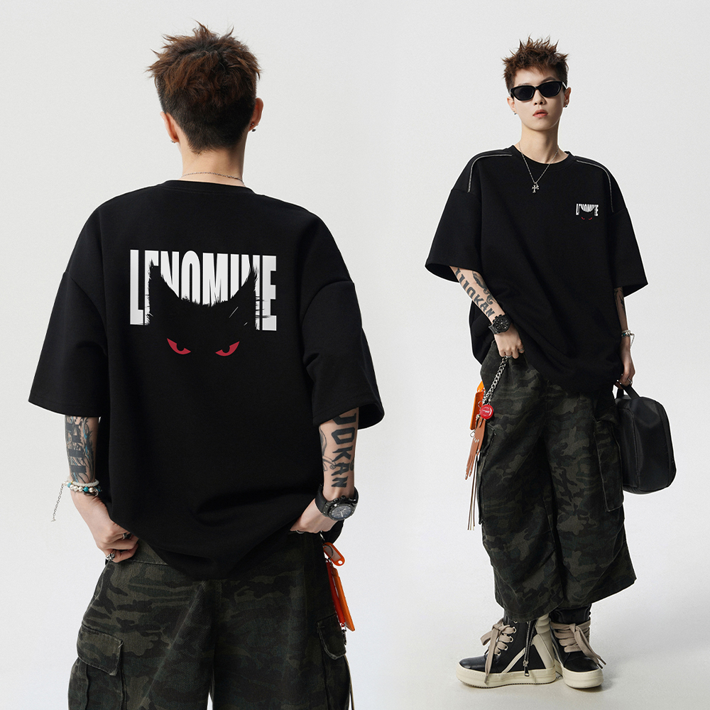 重磅美式青少年设计感夏季短袖简约恶魔字母日系T恤嘻哈男装港风