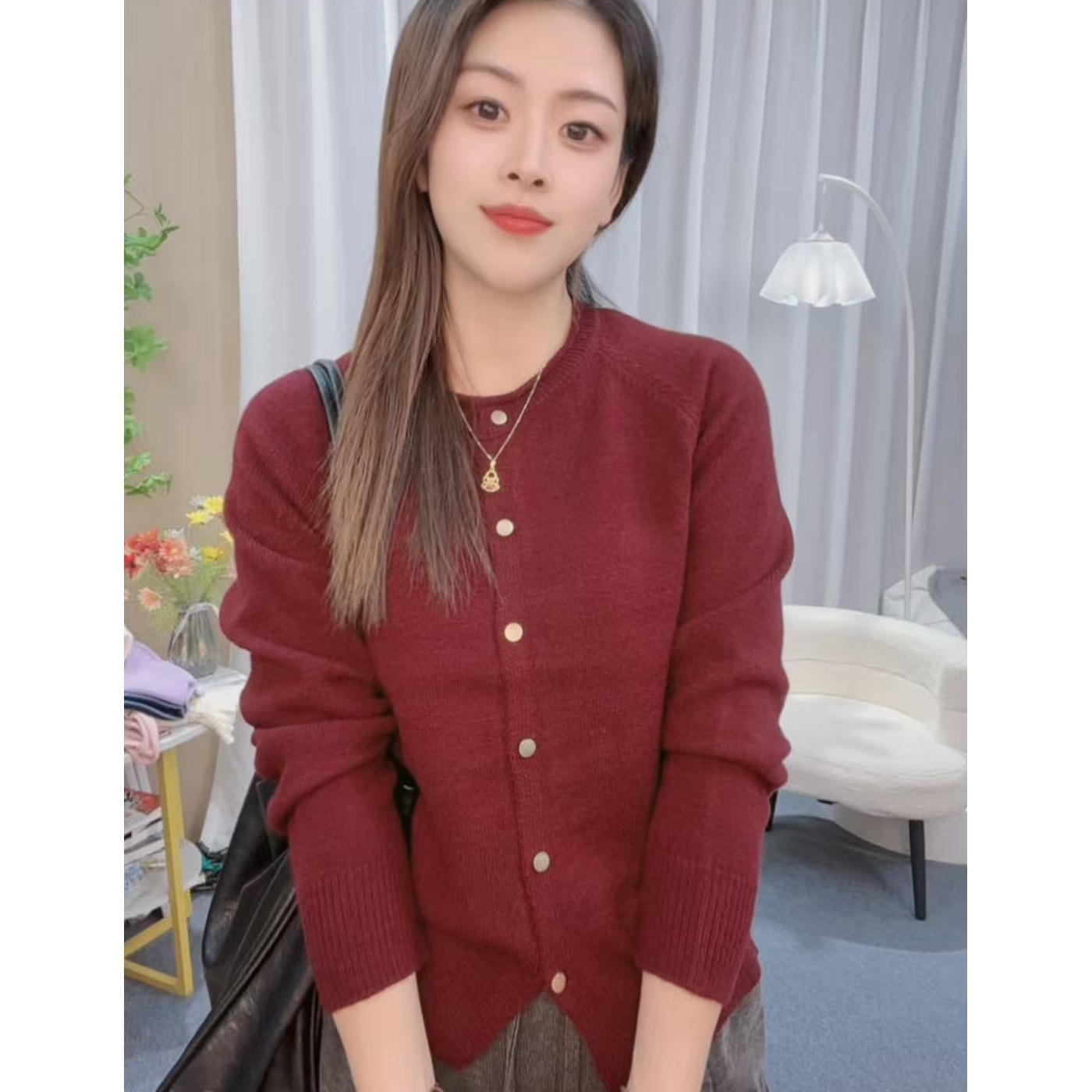 纯色针织长袖常规女圆领毛针织衫上衣针织衫女装