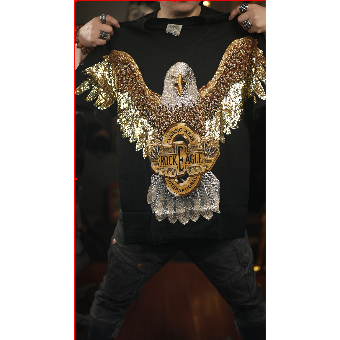 重工限量款休闲老鹰个性印花圆领男士T恤