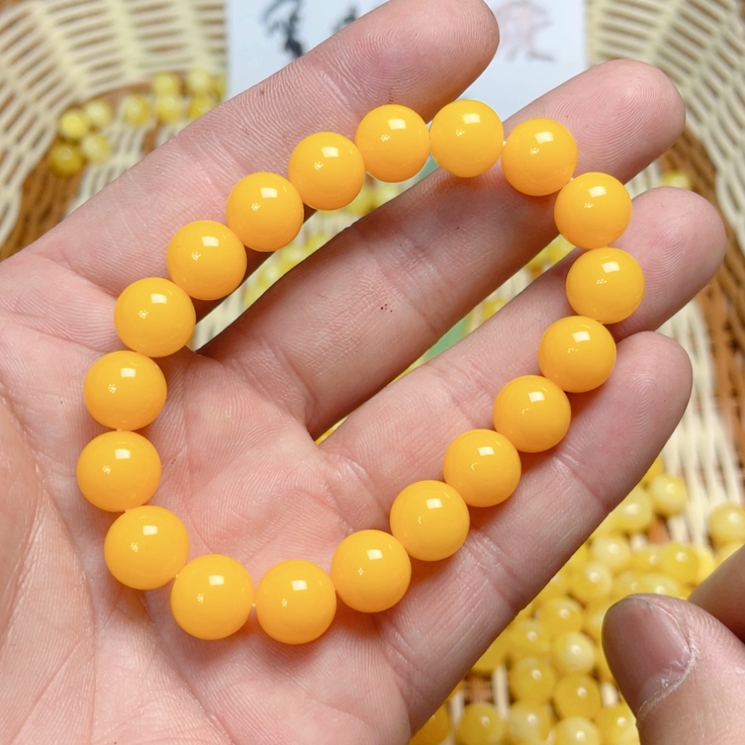 琥珀未镶嵌手链鸡油黄满蜡10