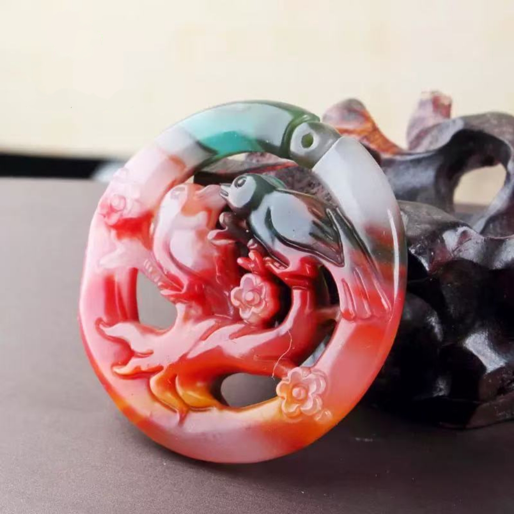 天然  七彩镂双鸟石