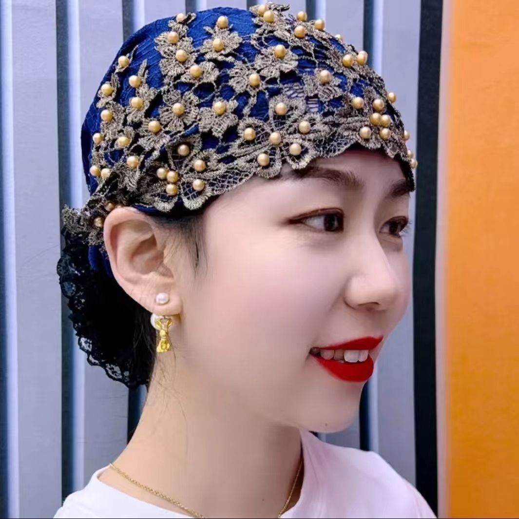 新款四季薄款钉珠蕾丝盘花包头帽金丝透气遮白发收碎发头巾发带帽