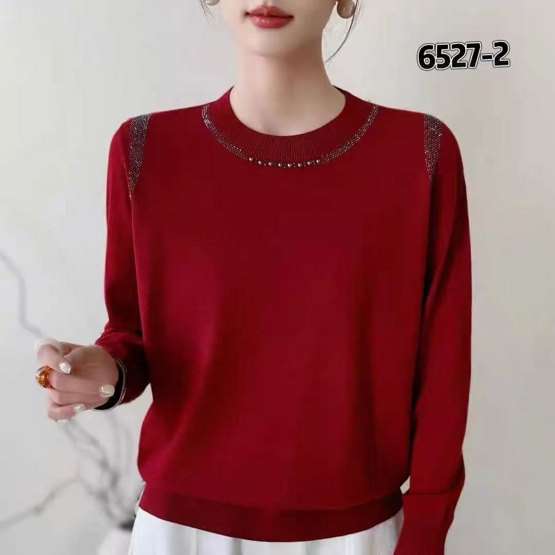 春秋新款圆领烫钻针织衫宽松显瘦百搭气质亲肤内搭打底上衣