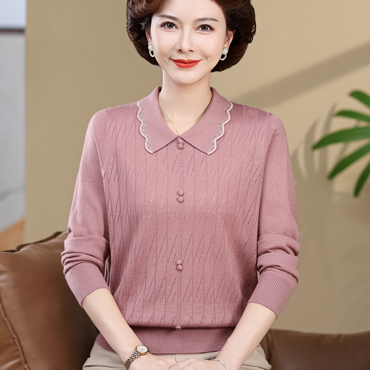 妈妈秋装洋气针织衫翻领长袖小衫中老年女装春秋遮肚宽松打底上衣