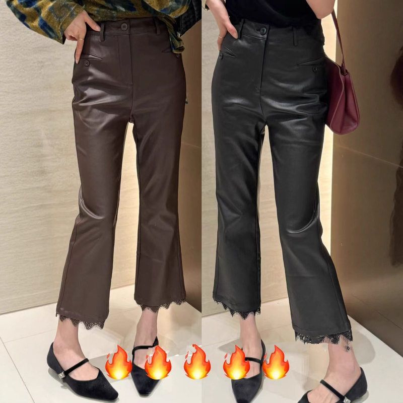 海宁九分裤微喇皮裤蕾丝边修身2025秋新款小羊皮真皮高腰女全植鞣