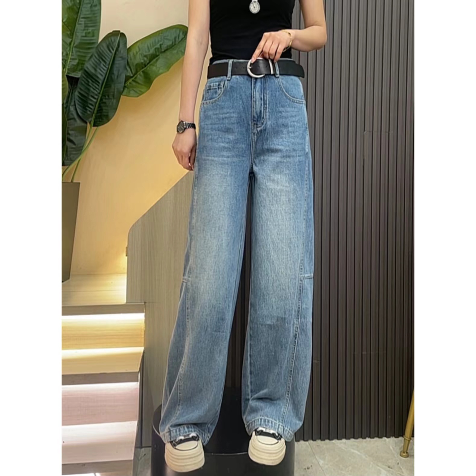 2025新款中高腰时髦明线直筒阔腿裤牛仔裤时尚百搭款女