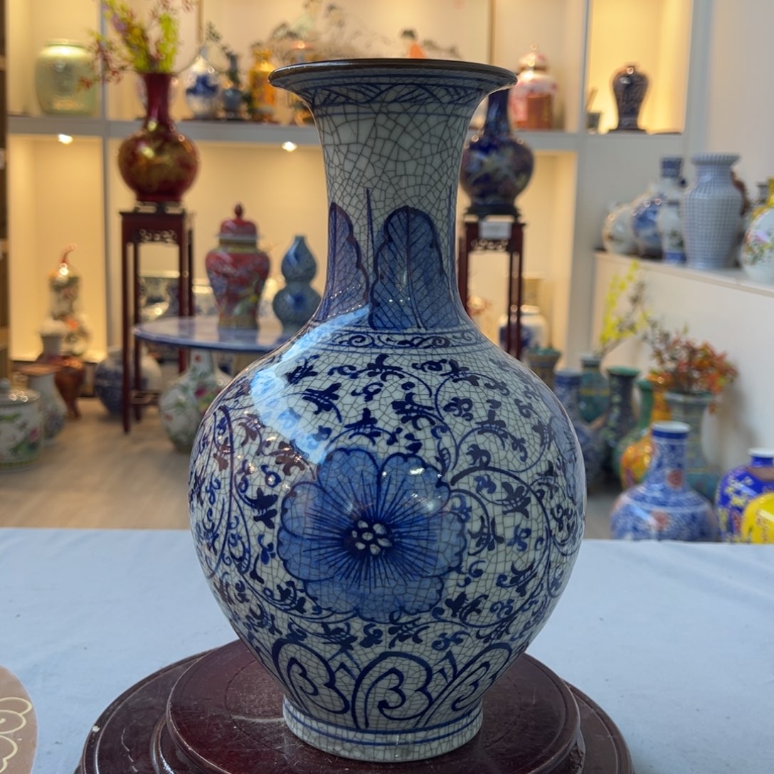 c***光摆件陶32cm青花开片赏瓶