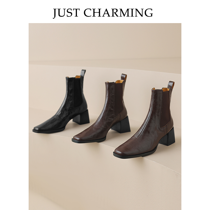 牛皮/跟高5CM法式复古方头时尚短靴瘦瘦靴百搭粗跟小短靴
