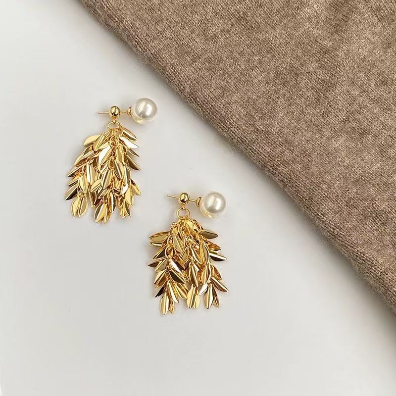 铜合金仿珍珠耳饰 金色麦穗叶片流苏珍珠耳环女高级感耳钉耳饰