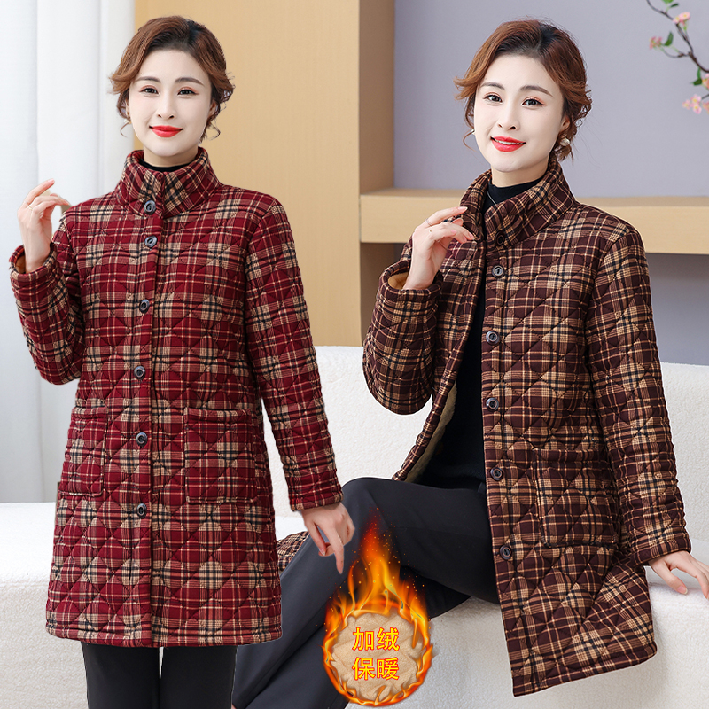 中老年人加绒加厚棉衣女妈妈冬装棉服外套洋气保暖中长款格子棉袄