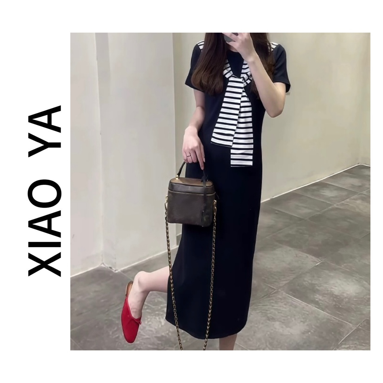 2566127夏款时尚简约圆领刺绣侧开叉披肩款显瘦连衣裙（裙长104）