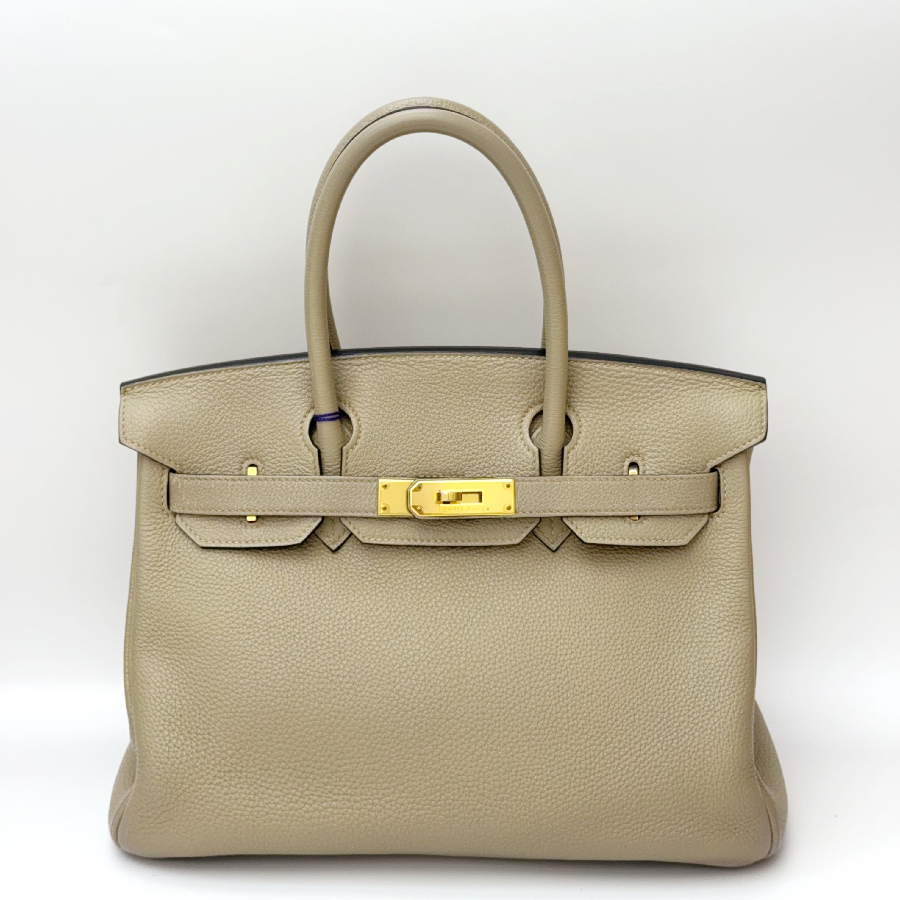 99新 Hermes/爱马仕 birkin30手提包斑鸠灰金扣togo皮框N刻