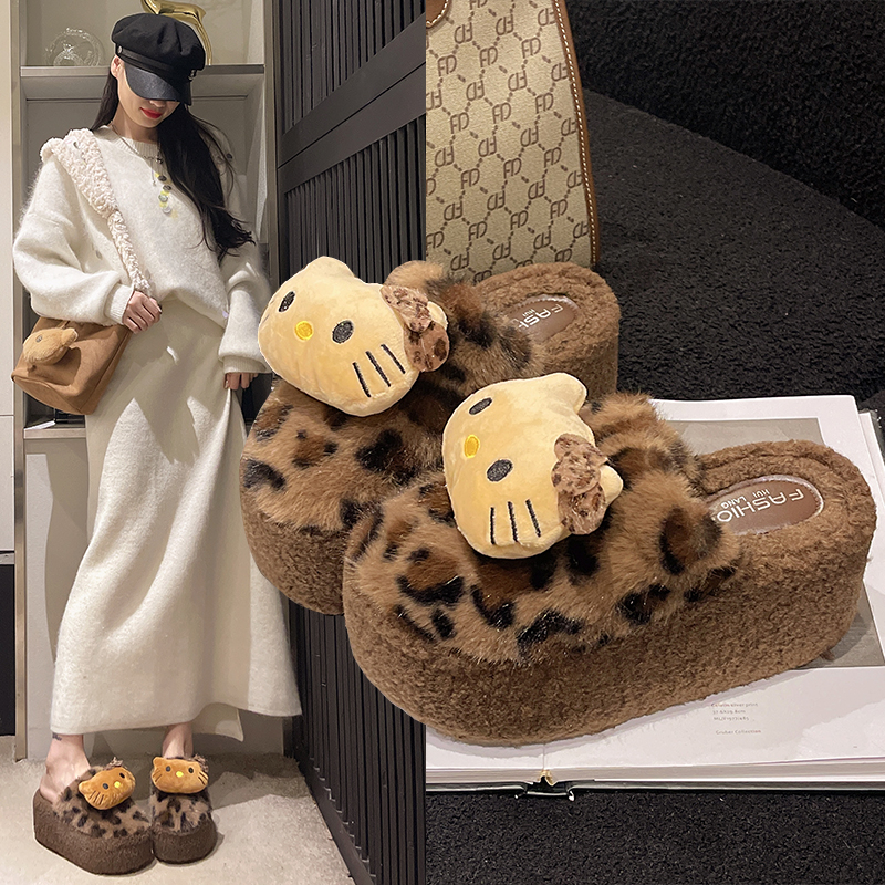 豹纹凯蒂猫毛毛拖鞋女外穿2025秋冬新款加绒包头棉拖增高厚底半拖