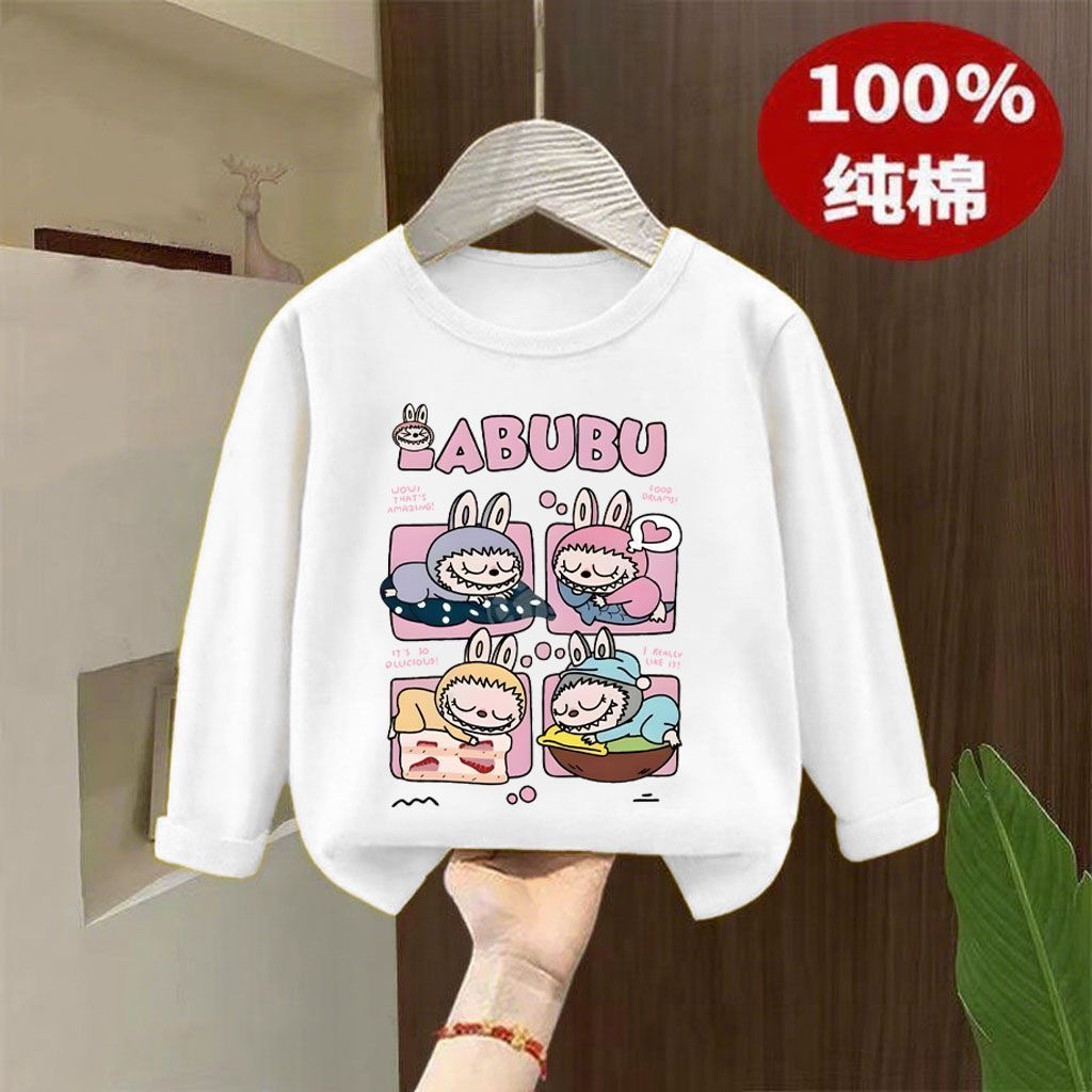 春秋新款纯棉拉布布女童洋气长袖宽松休闲卡通印花时尚百搭打底衫