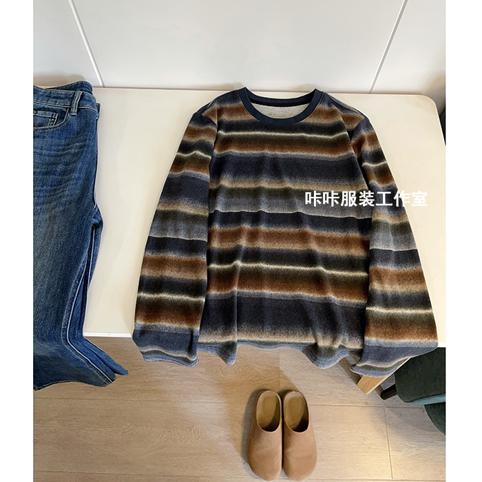 REKAYYAT““拾风””韩版复古通勤百搭彩色条纹打底衫圆领长袖T恤