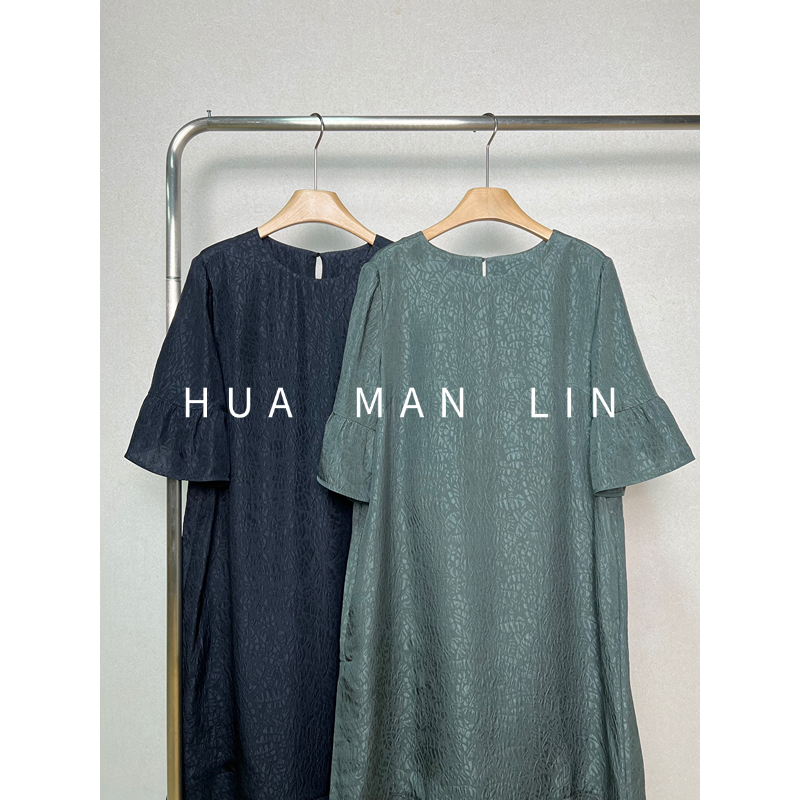 【花满林】两色圆领后一粒扣真丝桑蚕丝七分袖连衣裙01557