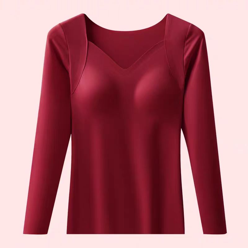 新中式保暖千金风长袖V领保暖上装秋衣无痕加厚修身