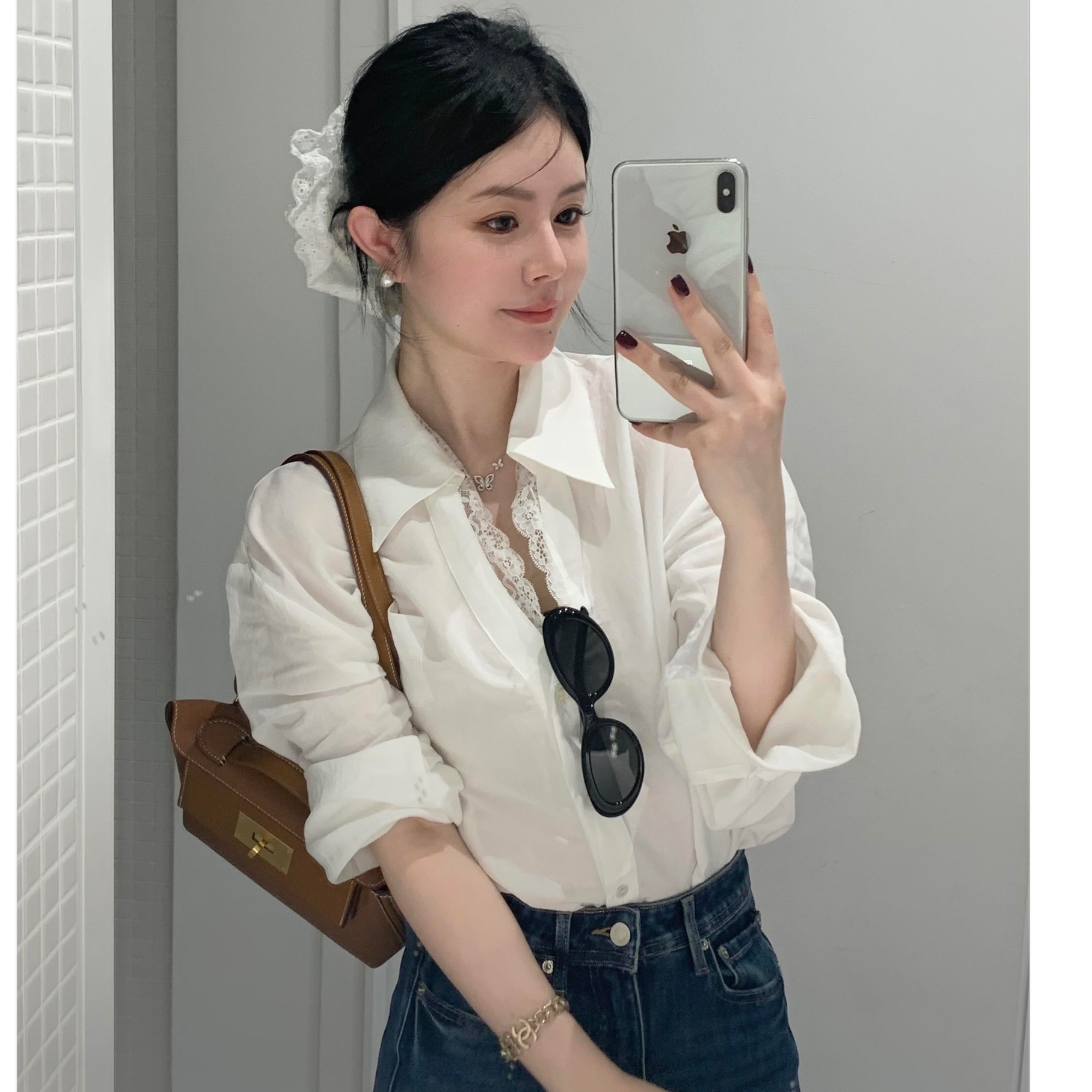 白色衬衫蕾丝拼接衬衣休闲法式宽松小众设计感衬衫