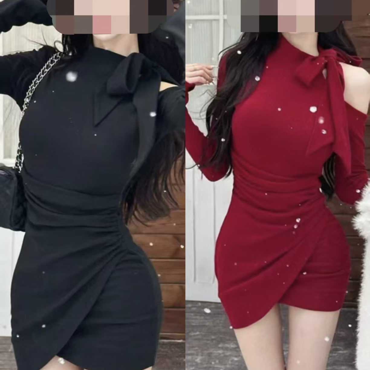 圣诞新年红色辣妹蝴蝶结露肩收腰显瘦包臀短裙大码10640