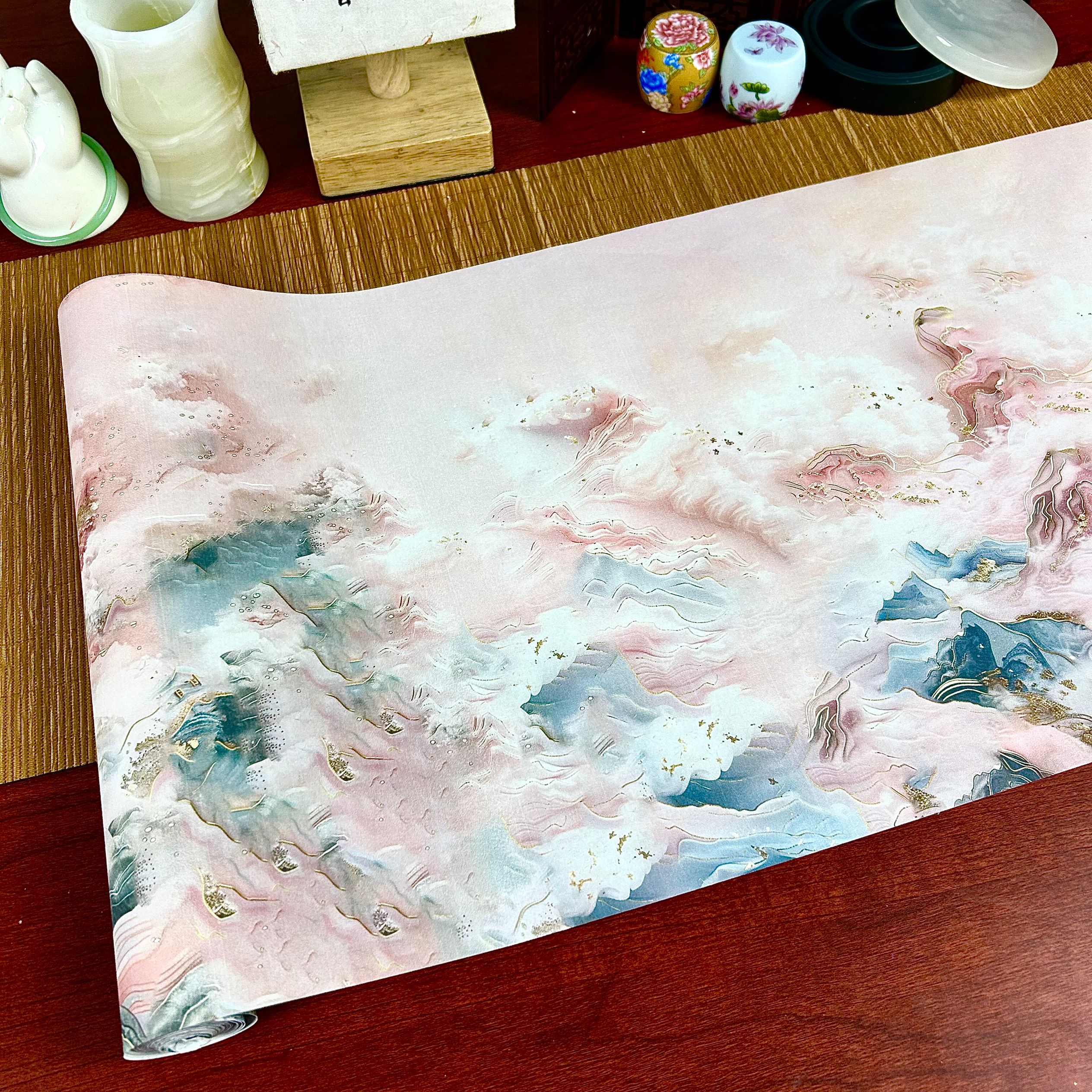 【粉色云海长卷】蜡染半生熟34cmx10米一卷