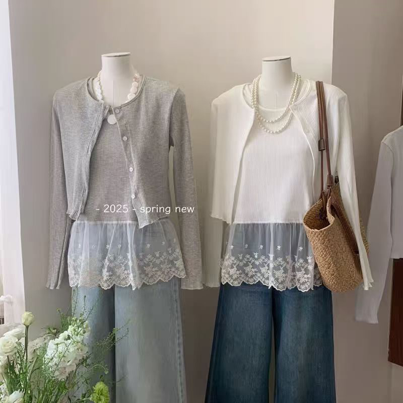 大码2025新款显瘦韩版蕾丝修身拼接吊带背心百搭上衣两件套