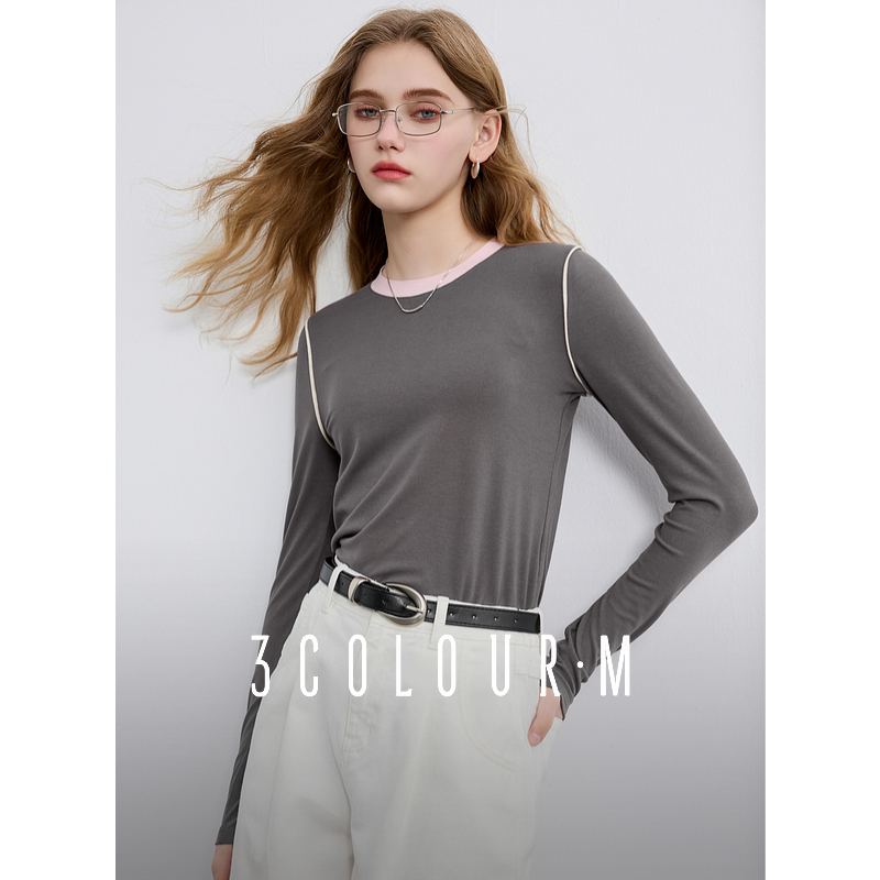 【大瑶专享】D401AM20VZ00三彩2025春季新款撞色T恤圆领正肩长dbx