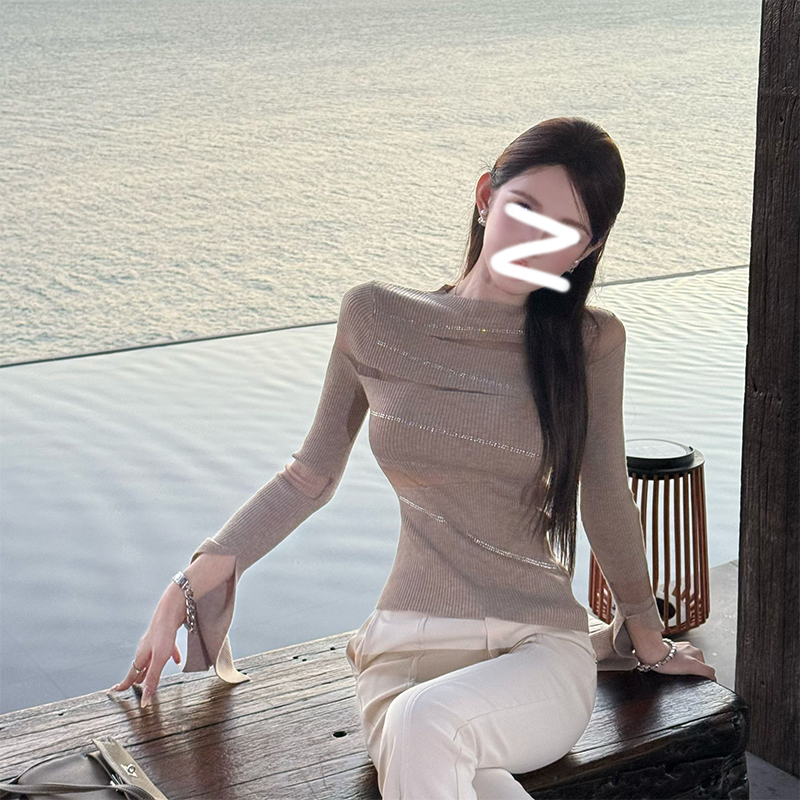 “许我耀眼”设计感ins风气质性感烫钻上衣秋季设计感纯欲针织衫