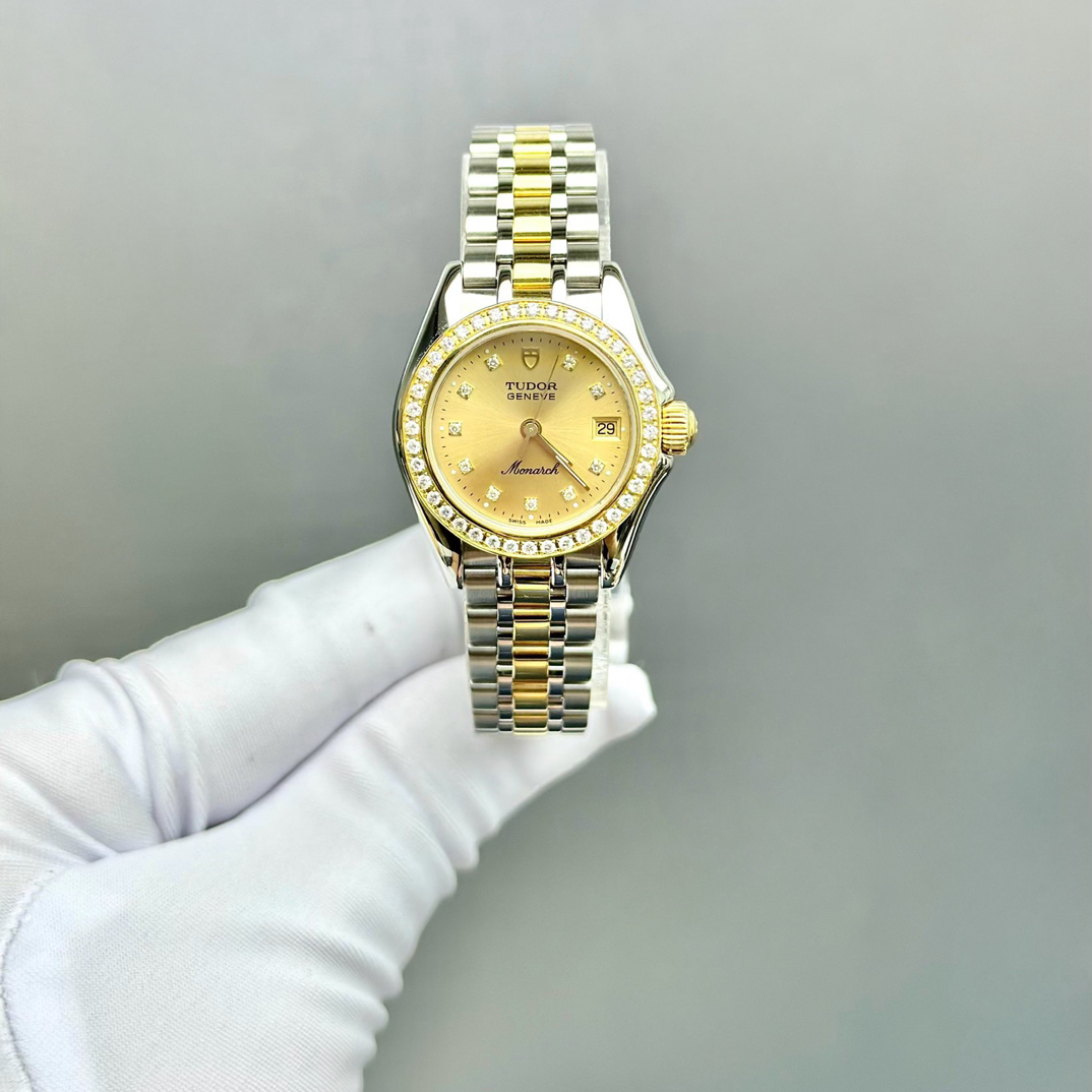 99新 TUDOR/帝舵 902401帝舵25mm间金黄盘日历内外钻二手单表/20