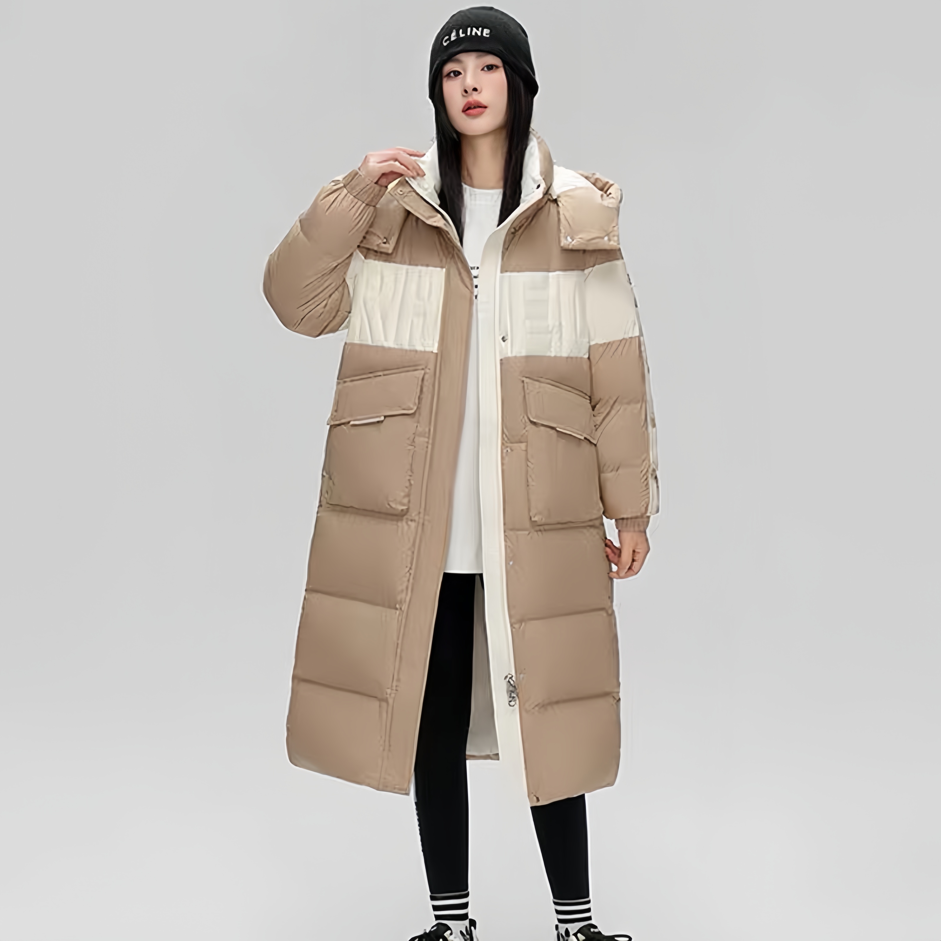 【清仓】雪家羽绒服新款时尚加厚撞色冬季过膝长款保暖百搭连帽外套