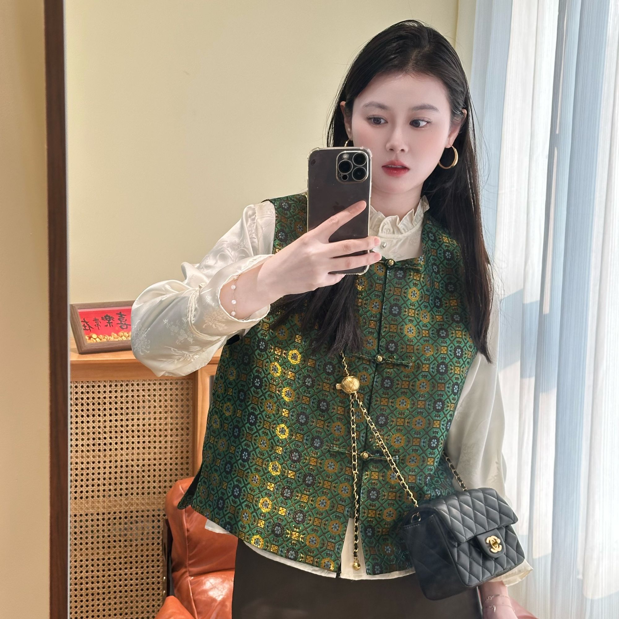 绿金桑蚕丝老宋锦50姆米新中式国风马甲显白大气通勤款