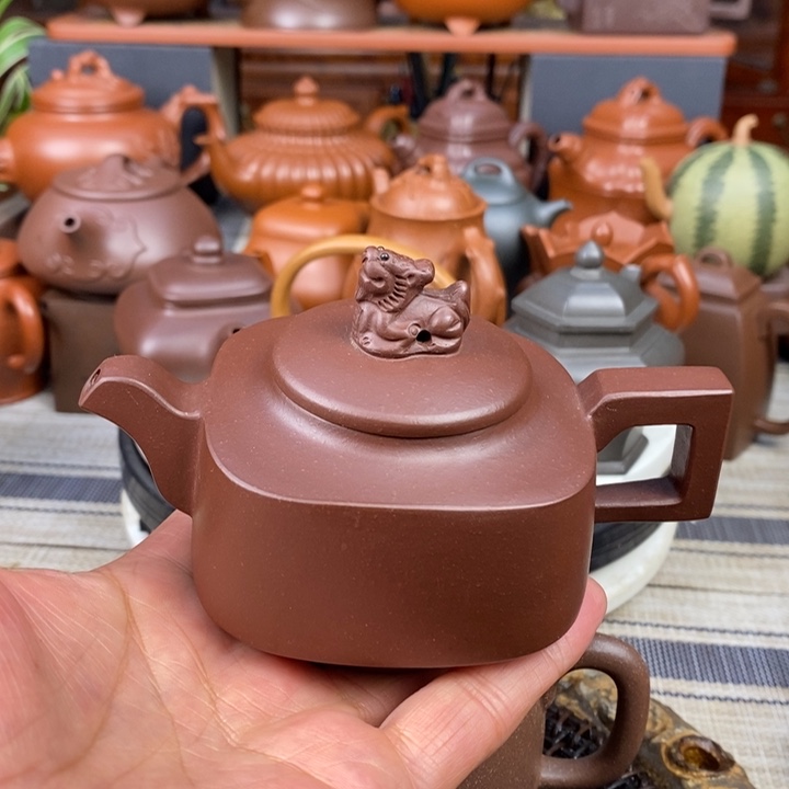 紫砂茶壶四方顶狮200cc原矿老紫泥特价