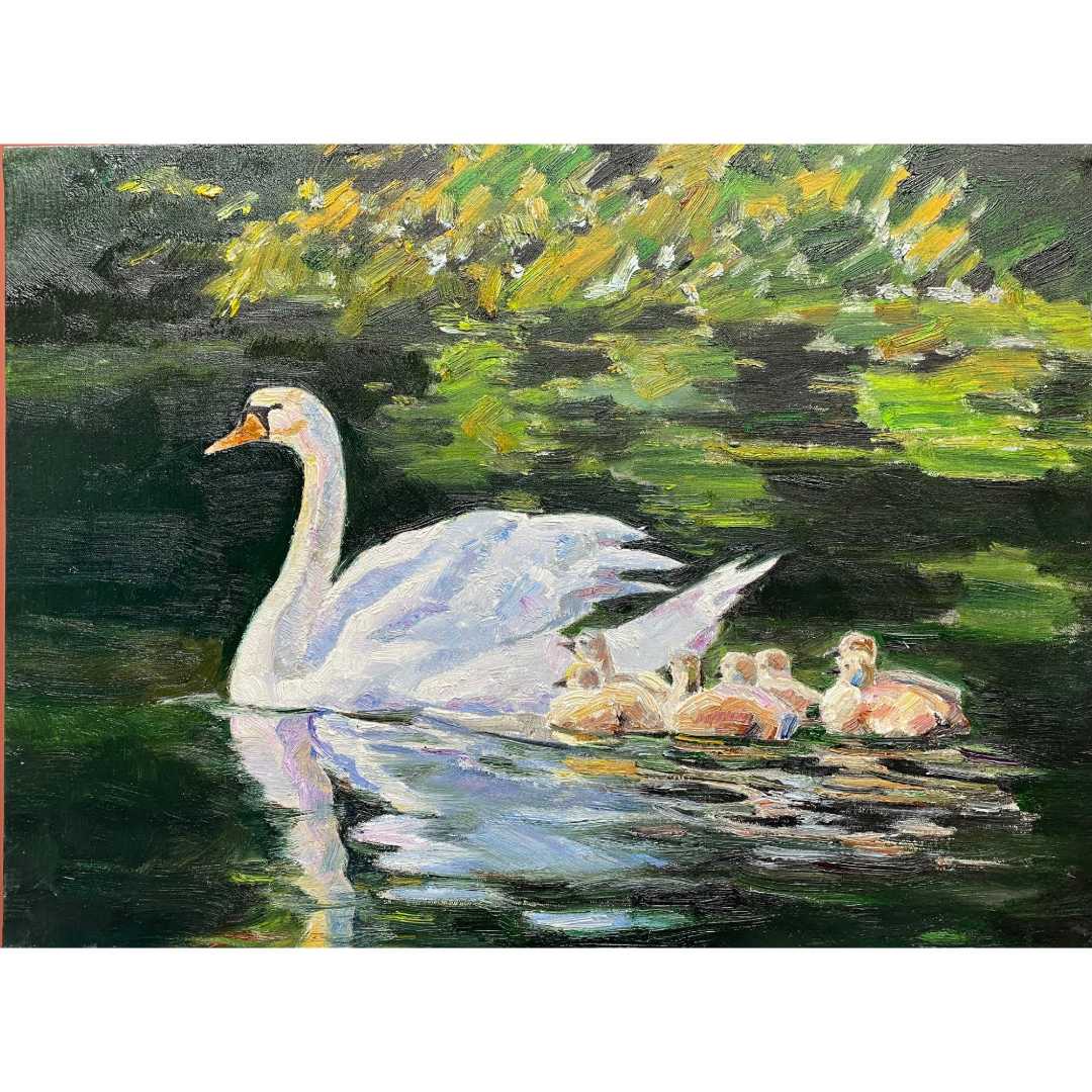 8056《天鹅宝宝》原创手绘油画天鹅60*80cm适合客厅卧室餐厅沙发墙