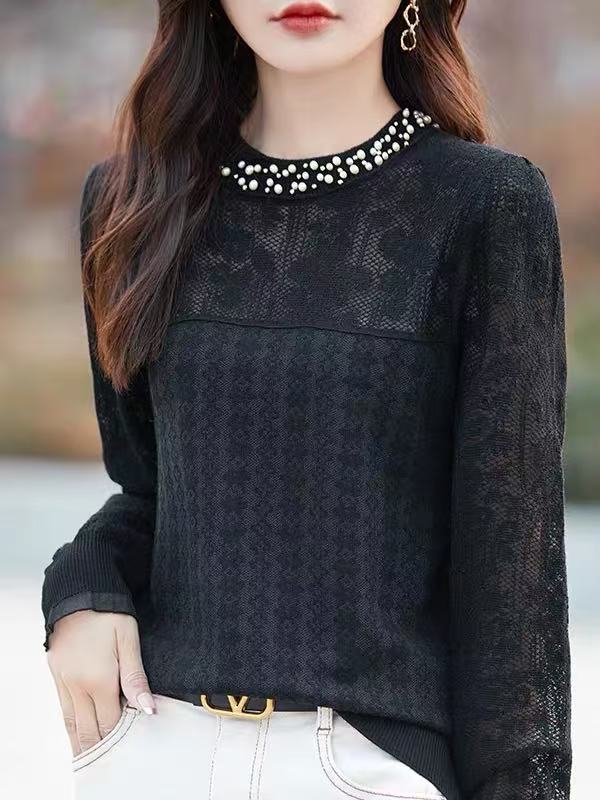 25秋季款圆领针织衫女精纺羊毛长袖上衣气质宽松慵懒风薄款打底衫