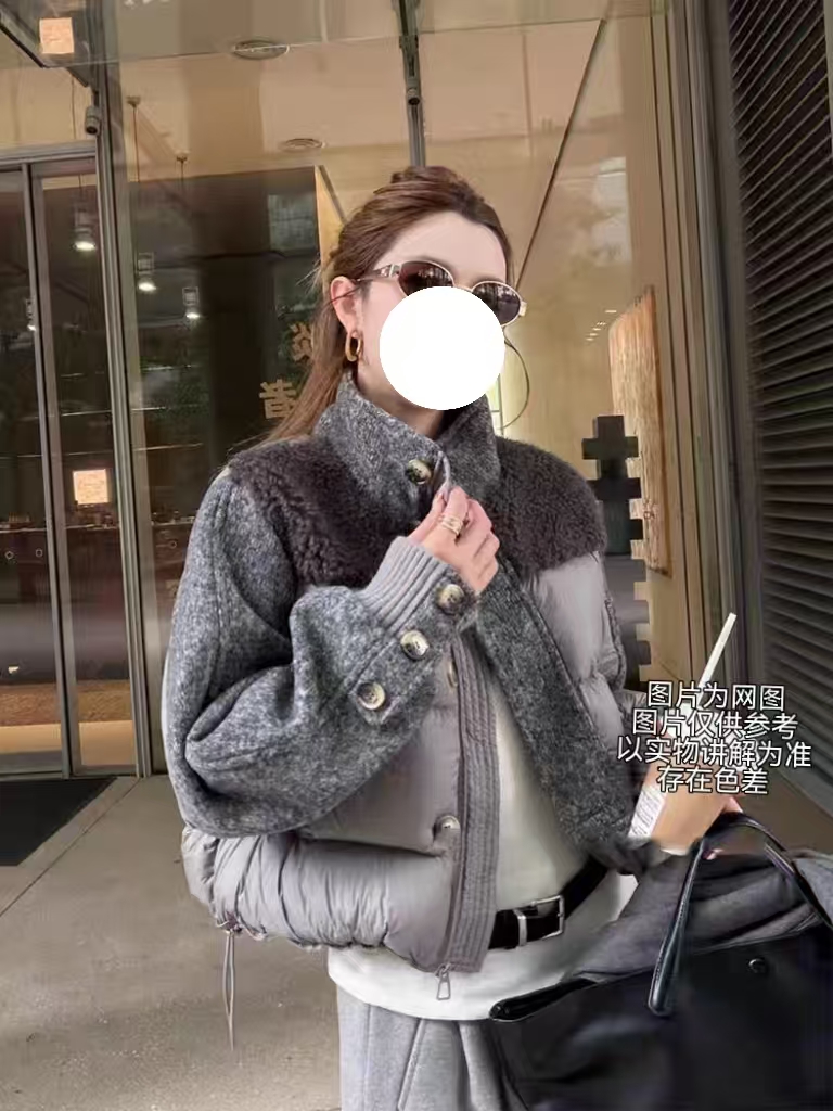 2025冬季新款大码女装韩系撞色设计感羔毛拼接立领棉服外套