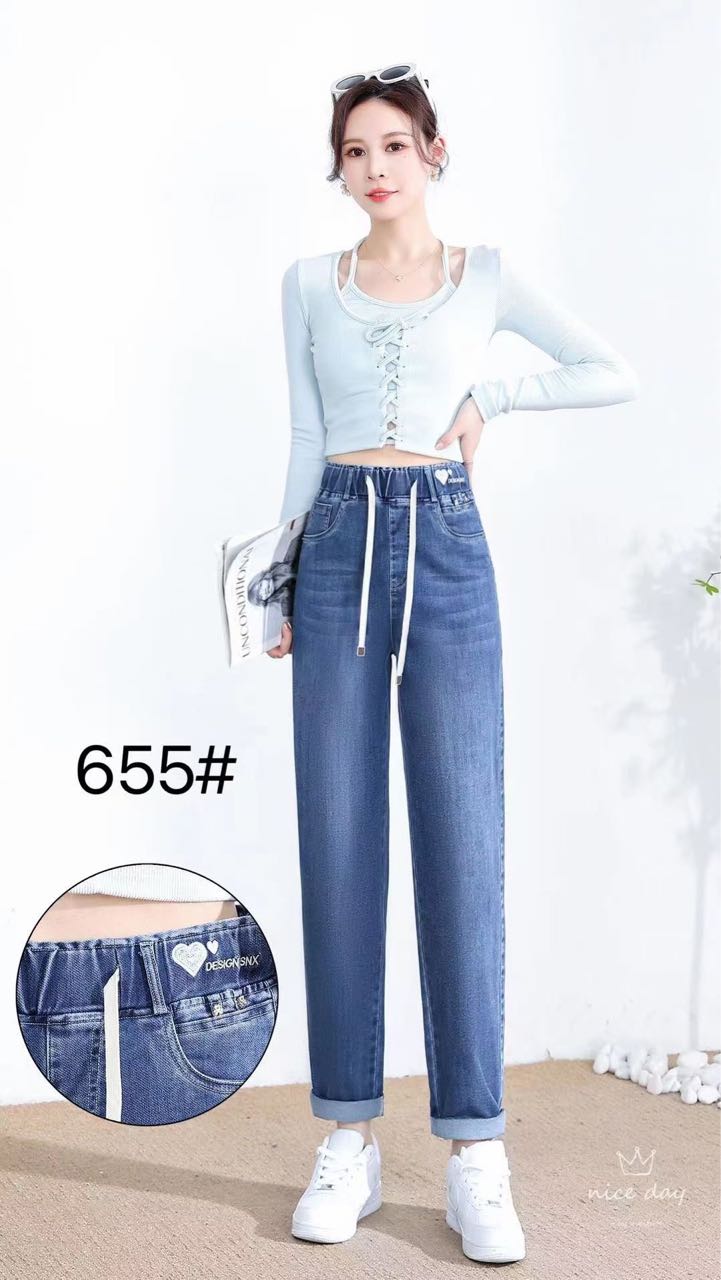 高品质松紧腰牛仔老爹裤655