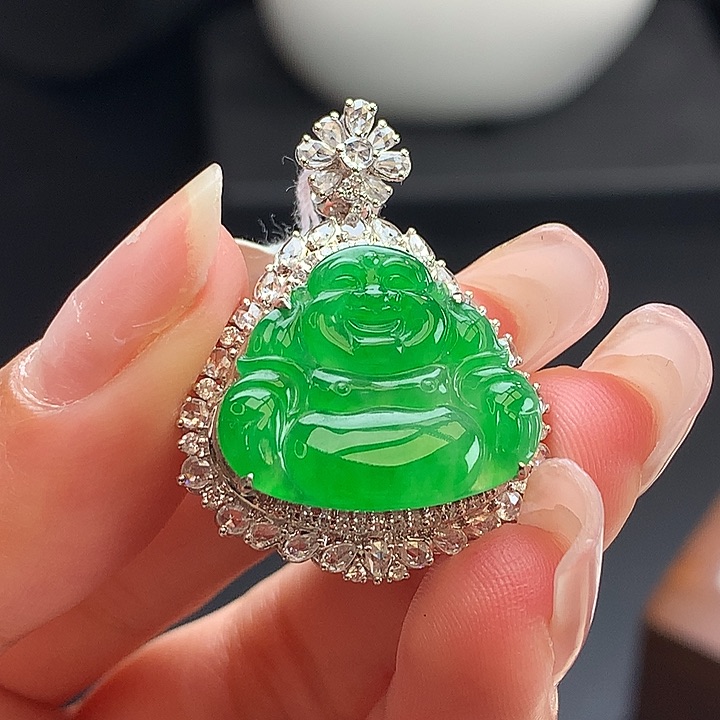 吊坠(不含链)18K金镶嵌翡翠冰绿佛公