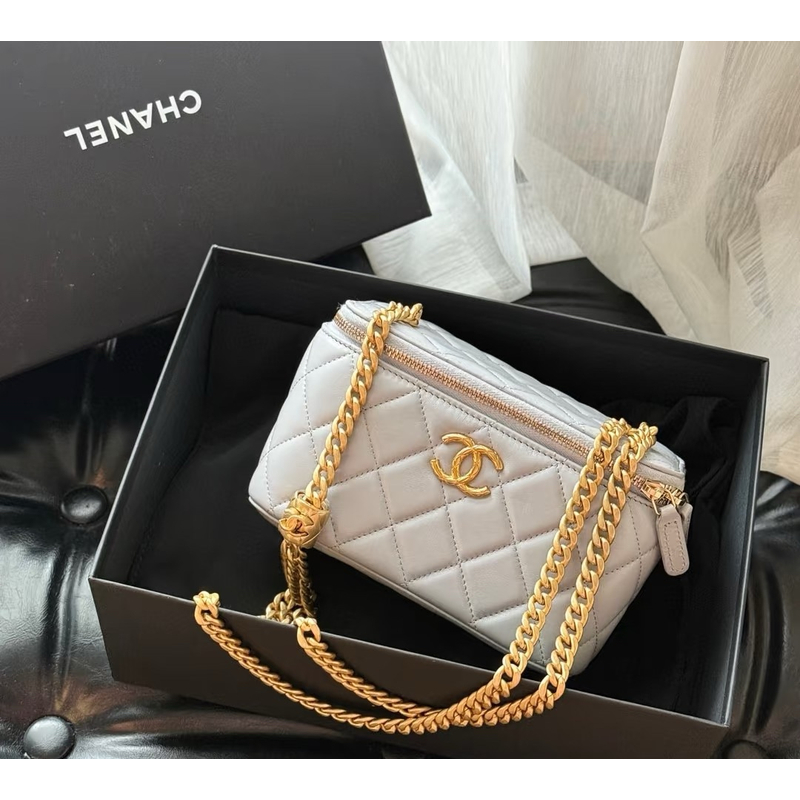 95新 Chanel/香奈儿 灰金金柱长盒子包 芯片款 18cm  12555369