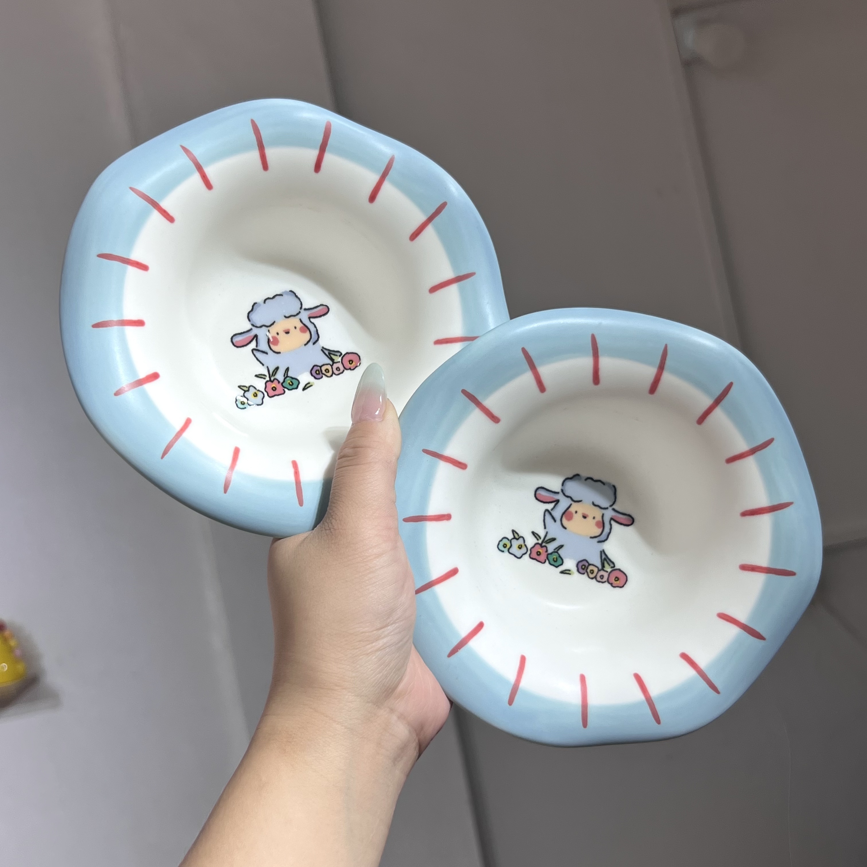 【嘟嘟好】出口高货 蓝色小羊 6英寸草帽饭碗 陶瓷可爱亲子碗