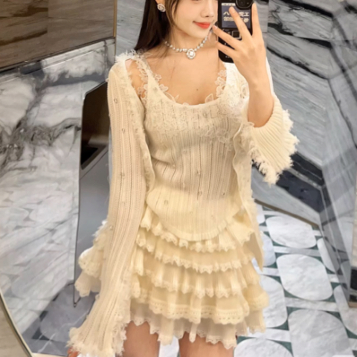 小清店白色针织1蕾丝开衫吊带