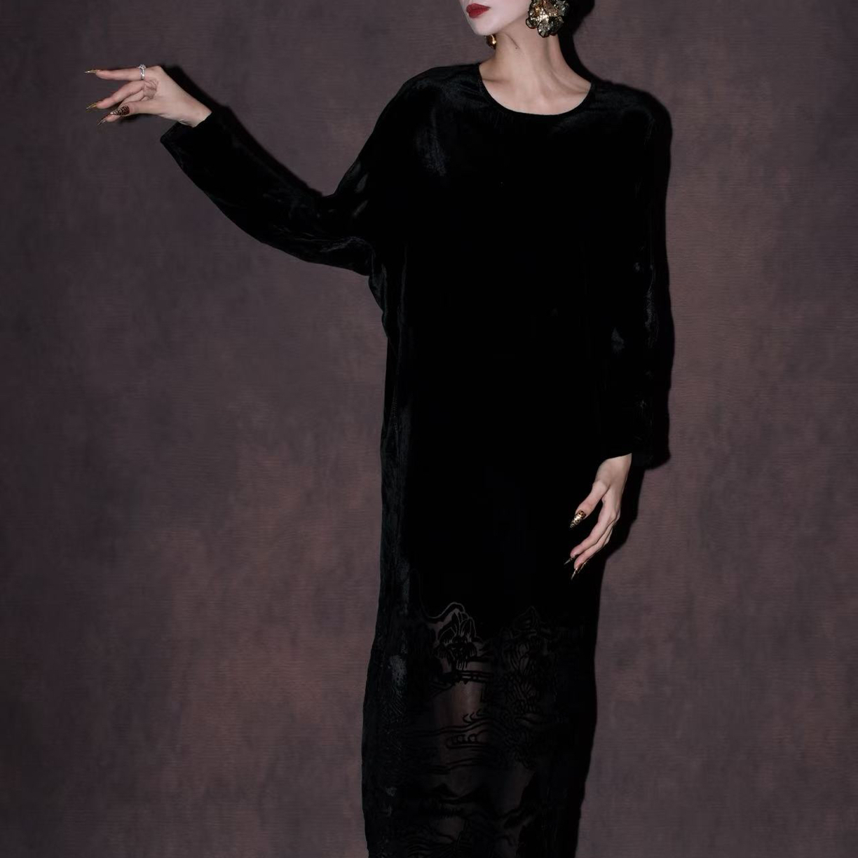 【Lady.Mao专属】设计师款新中式宽松金丝绒烧化植绒显瘦长款连衣裙