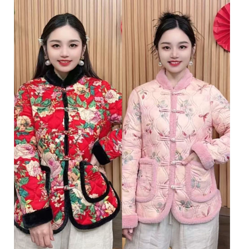 秋冬新款网红东北大花加绒加厚新中式小棉服盘扣时尚洋气中国风
